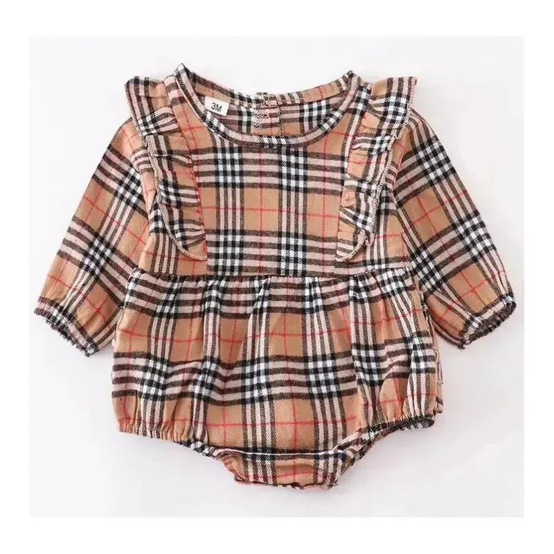 Honeydew - Beige Plaid Ruffle Baby Romper