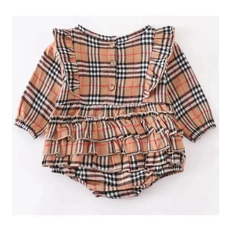 Honeydew - Beige Plaid Ruffle Baby Romper