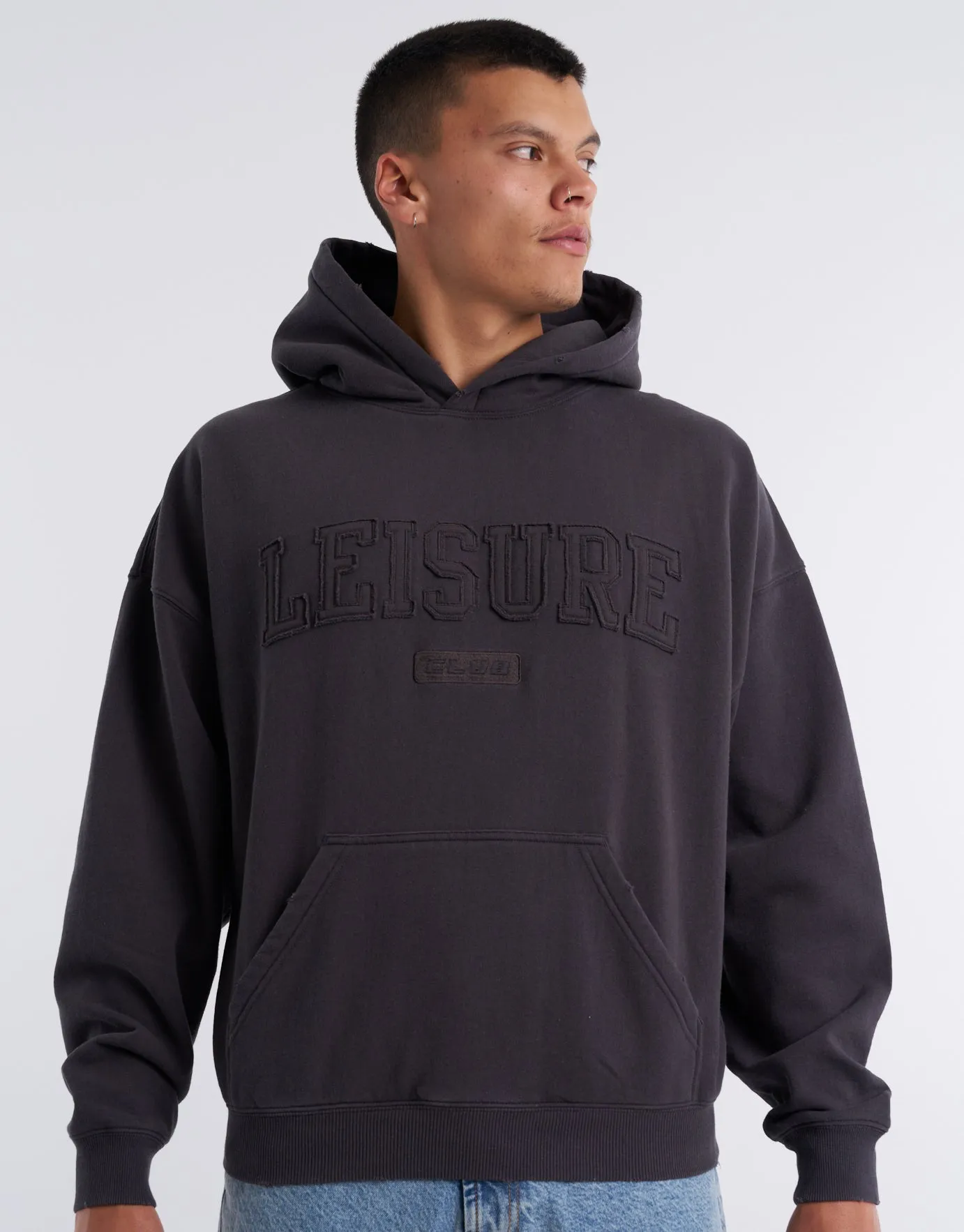 Leisure Club Embroidered Tonal Hoodie in Asphalt | Hallensteins NZ