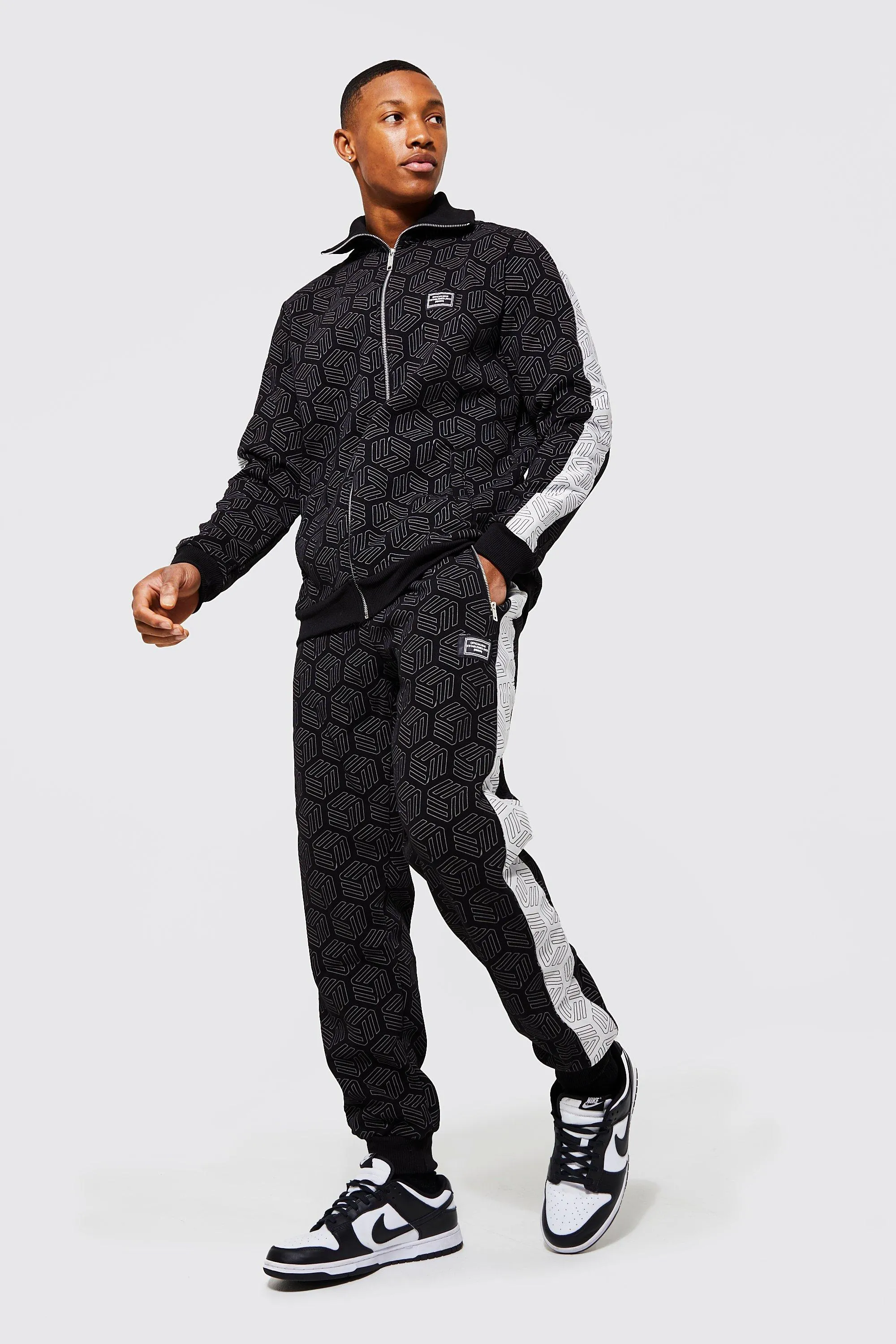 Man Printed Zip Through Funnel Tracksuit | boohooMAN UK