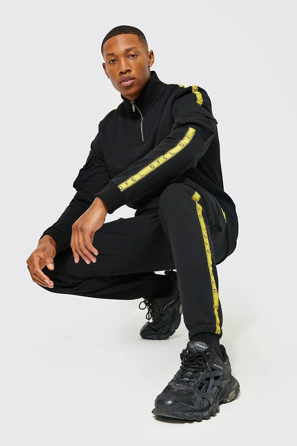 Man Zip Funnel Neck Tape Tracksuit | boohooMAN UK