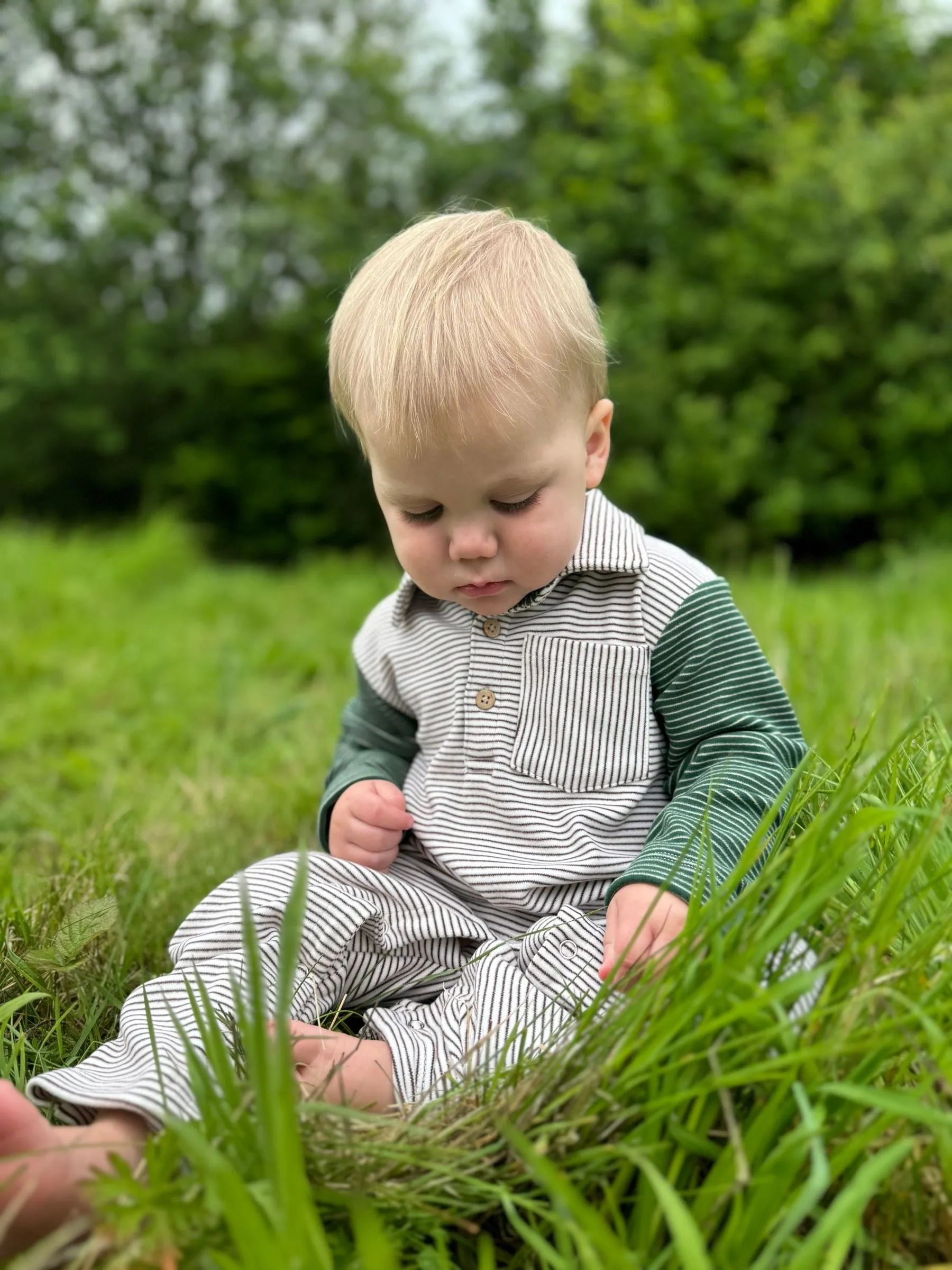 Me & Henry Arlington Cosy Polo Romper | Cream/Green Arms