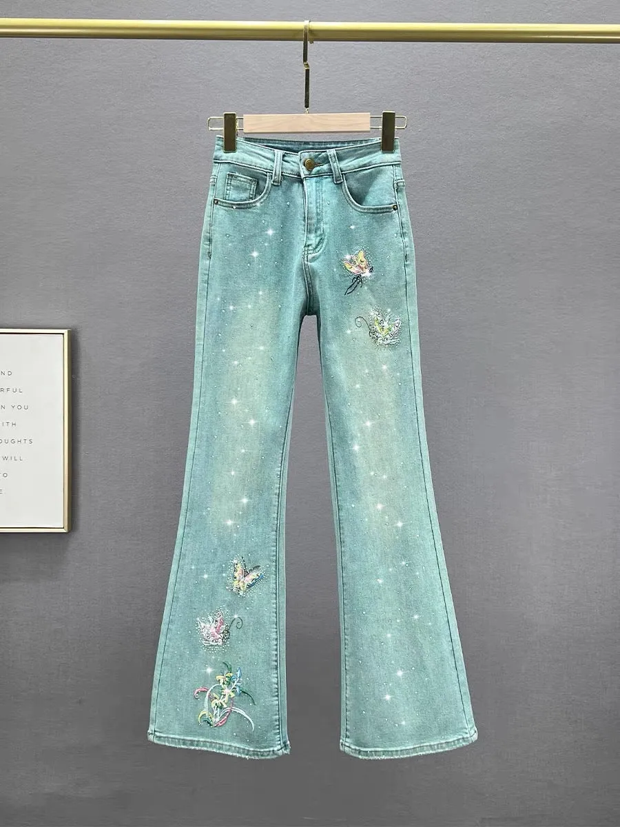 National style embroidered hot diamond denim micro-flared trousers for women 2024 new spring elastic high-waisted slim slim trou