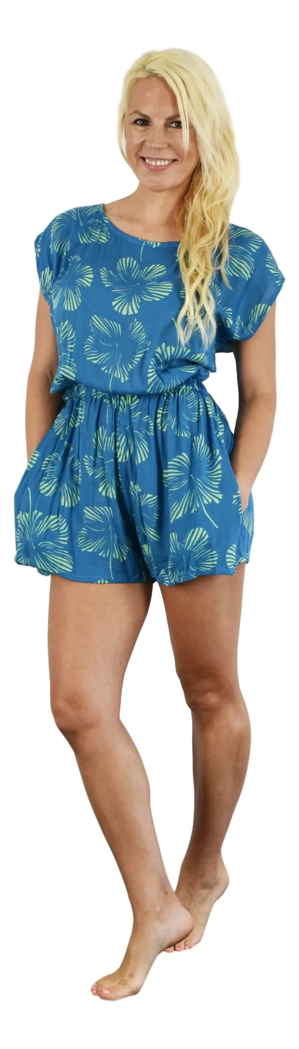 New Blue/Green Hibiscus Convertible Romper