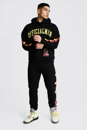 Official Man Hooded Tracksuit With Fire Print | boohooMAN UK