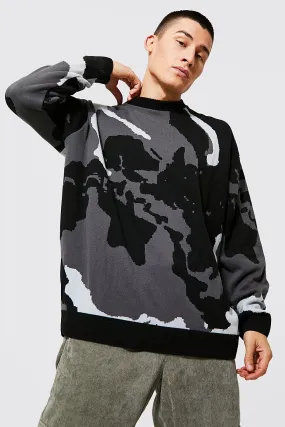 Oversized Abstract Camo Knitted Jumper | boohooMAN UK