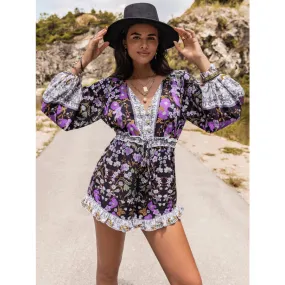 Printed Frill Half Button Balloon Sleeve Romper