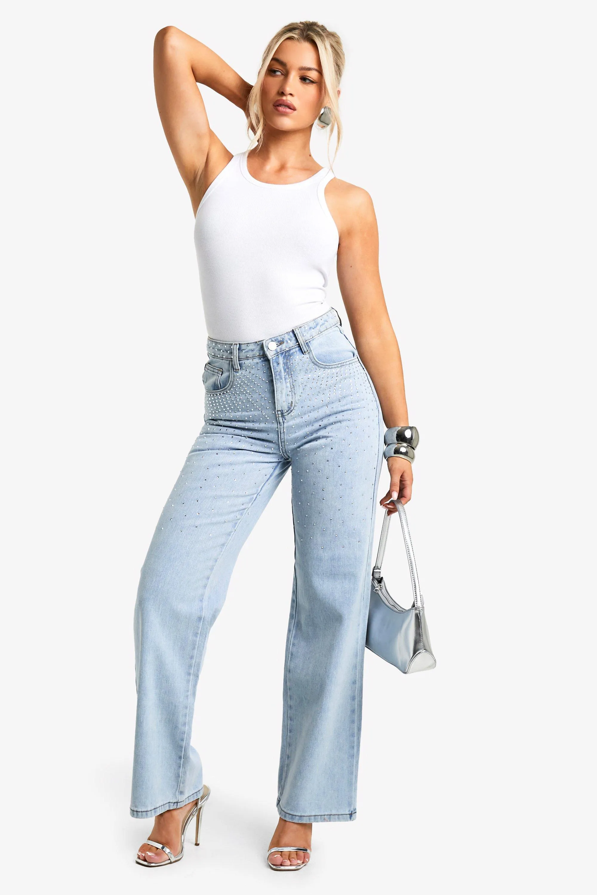 Rhinestone Detail Wide Leg Jeans