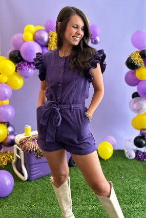 Ruffle Sleeve Purple Button Up Romper