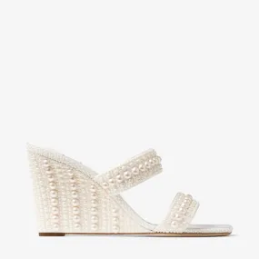 Sacoria 85 White Satin Wedge Sandals with All-Over Pearls