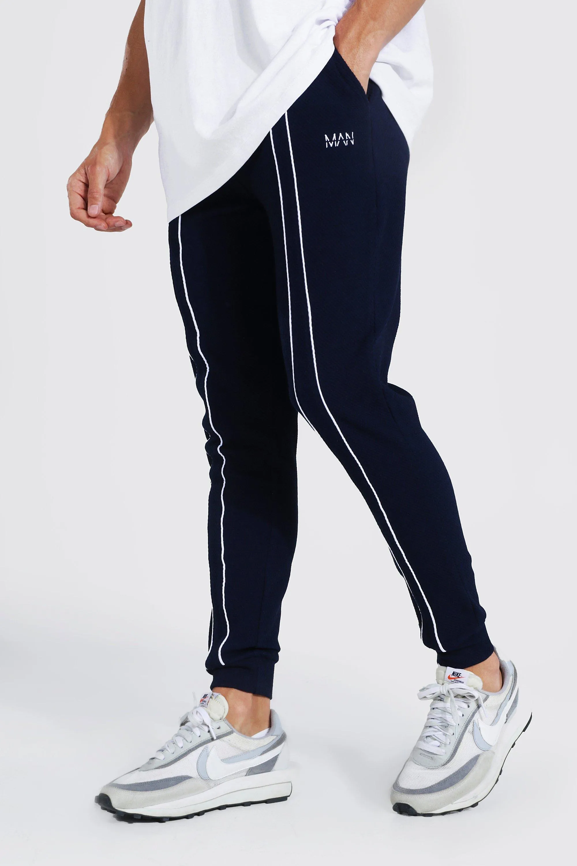 Skinny Fit Pique Joggers With Piping | boohooMAN UK