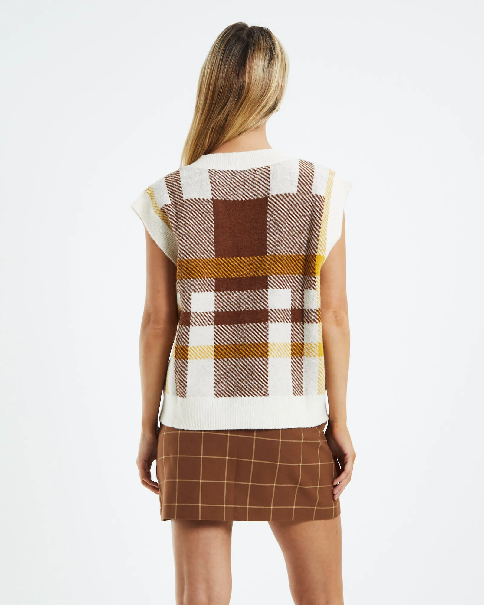 Subtitled Mimi Plaid Knit Vest Brown/White