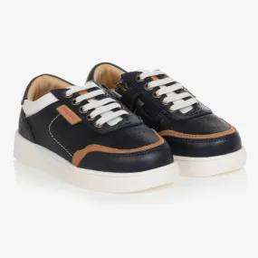 Teen Boys Blue & Beige Leather Trainers