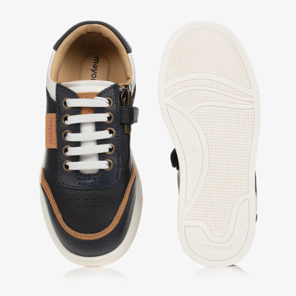 Teen Boys Blue & Beige Leather Trainers