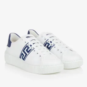 Teen White & Blue Greca Leather Trainers