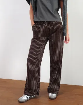 Wasic Wide Leg Linen Trousers in Deep Mahogany Pencil Stripe