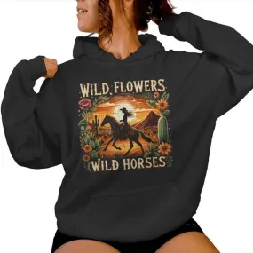 Wild Flowers Wild Horses Sunset Cowgirl Riding Horse Women Hoodie