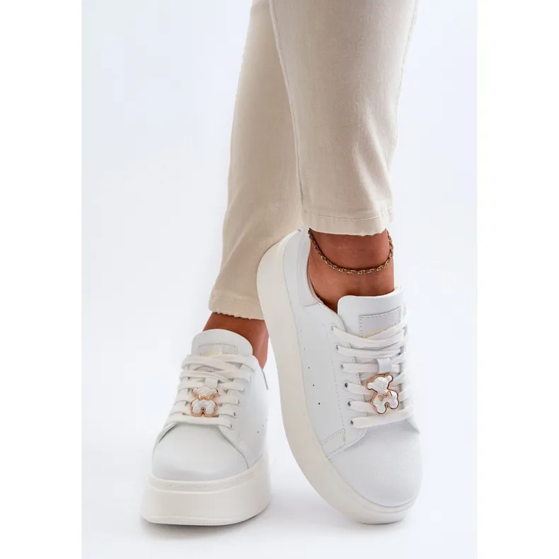 Women's Leather Platform Sneakers With Teddy Bear White Vinceza 66641