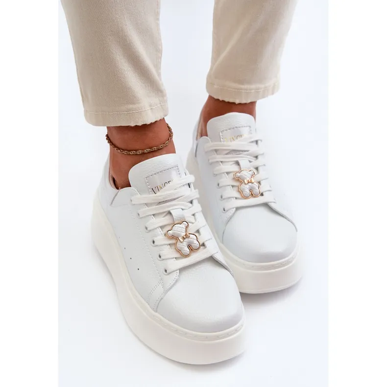 Women's Leather Platform Sneakers With Teddy Bear White Vinceza 66641