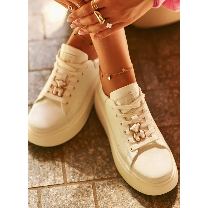 Women's Leather Platform Sneakers With Teddy Bear White Vinceza 66641