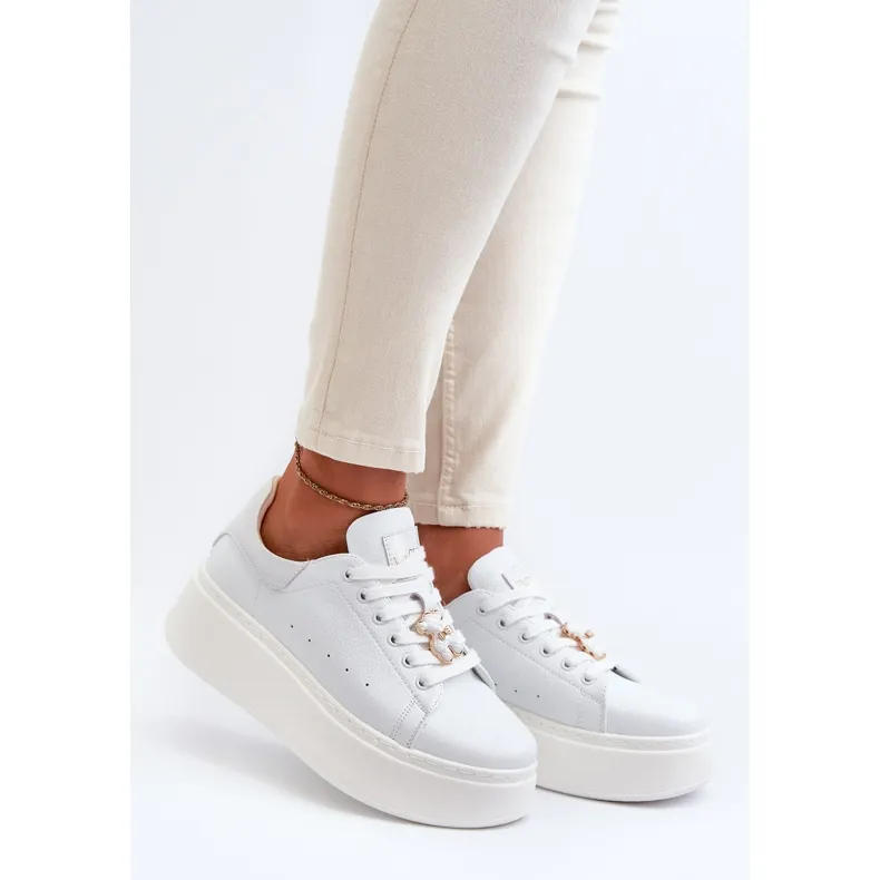 Women's Leather Platform Sneakers With Teddy Bear White Vinceza 66641