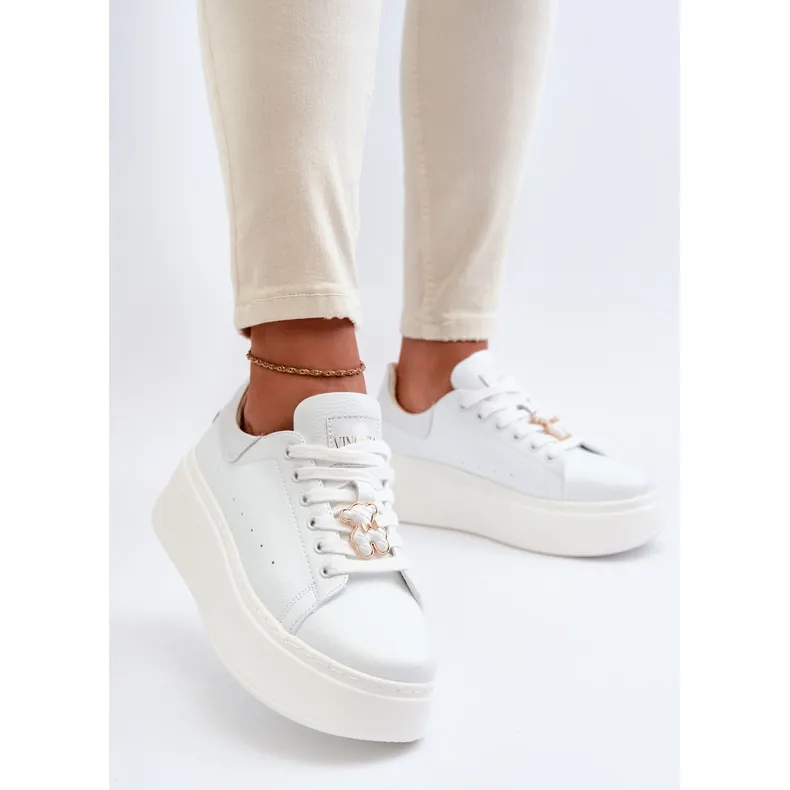 Women's Leather Platform Sneakers With Teddy Bear White Vinceza 66641