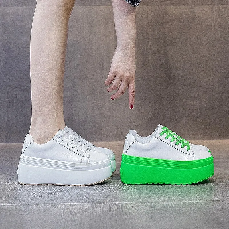 Women's Genuine Leather Green White 8cm Platform Wedge Sneakers Shoes