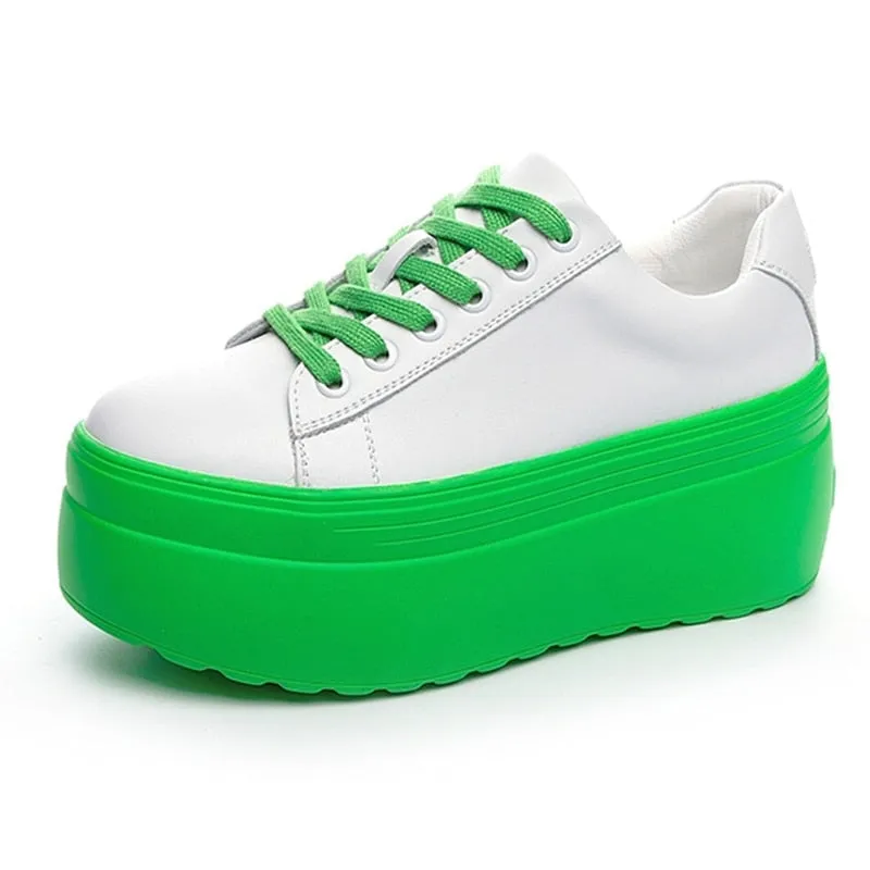 Women's Genuine Leather Green White 8cm Platform Wedge Sneakers Shoes