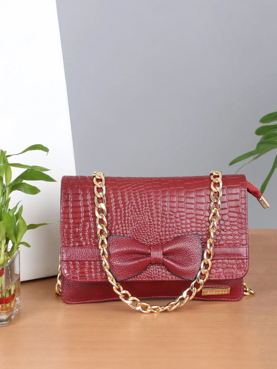 Women's textured Leather Sling Bag With Bow