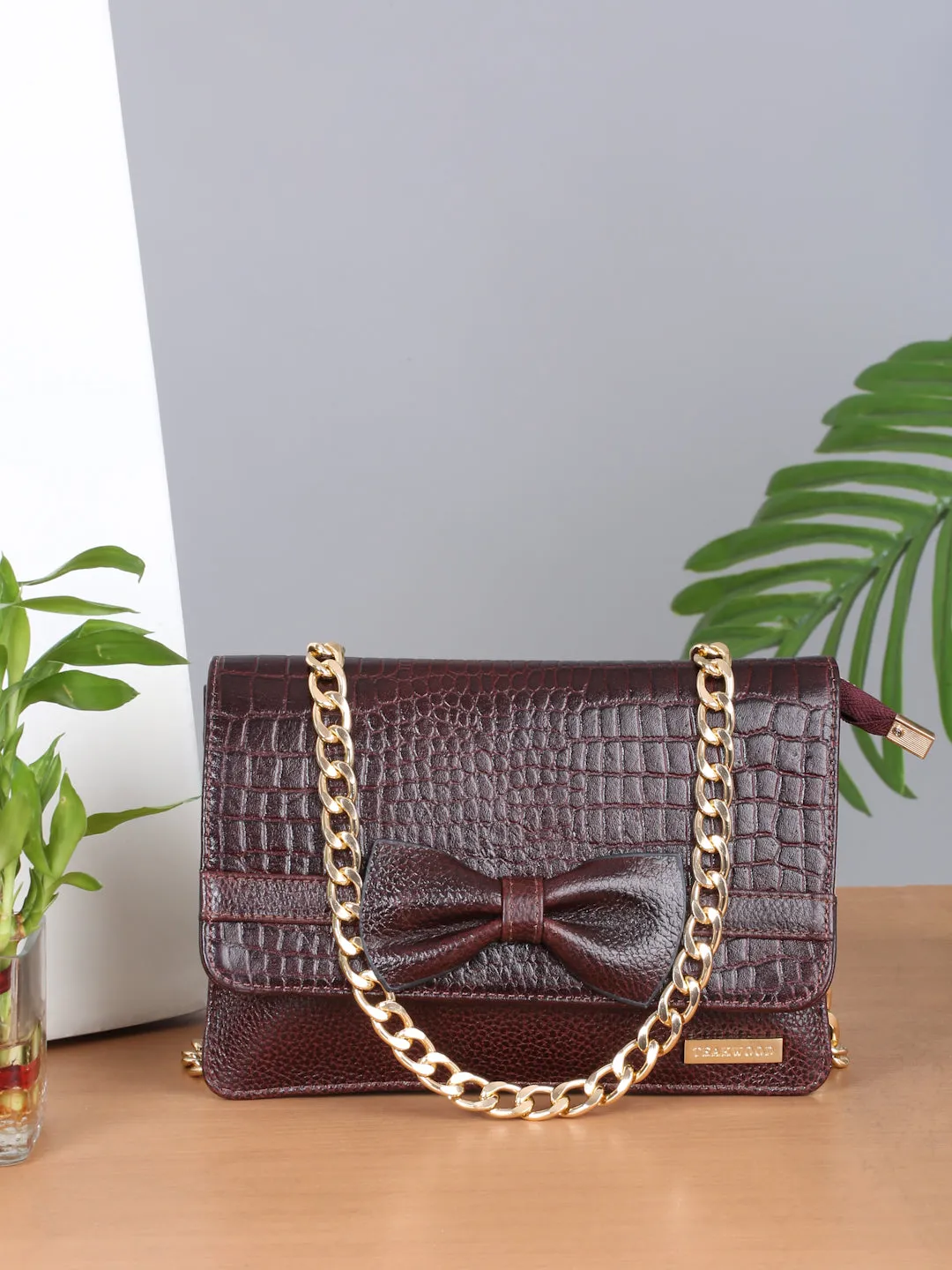 Women's textured Leather Sling Bag With Bow